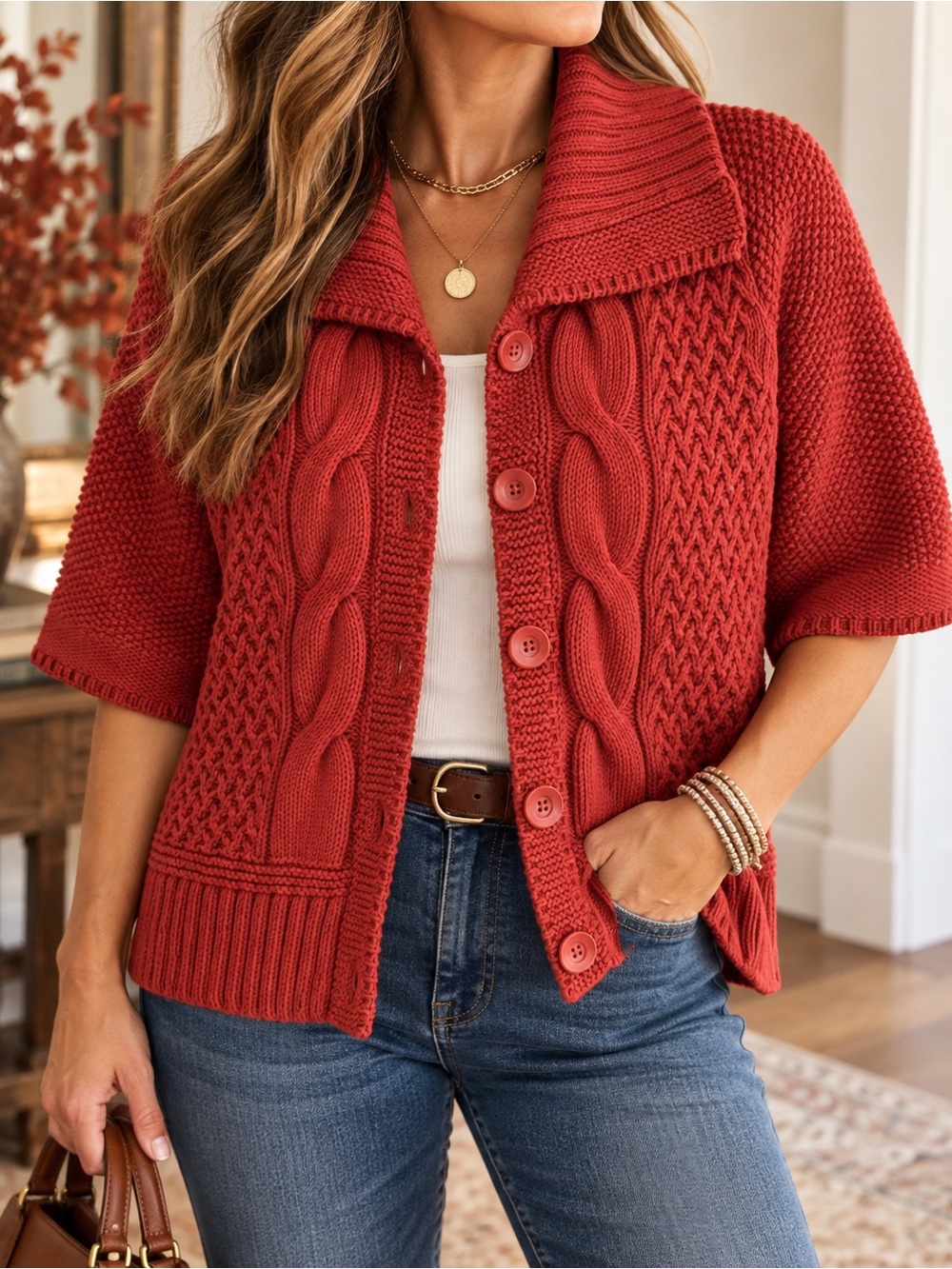 Chico’s Rust Orange Cable Knit Short Sleeve Cardigan Sweater Size 2